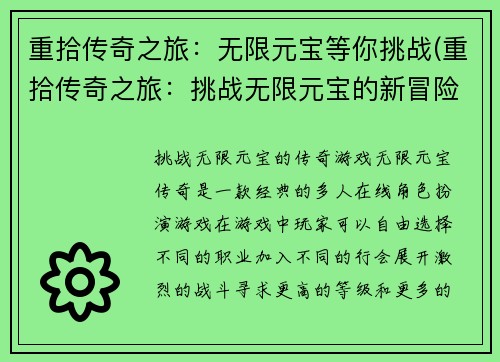 重拾传奇之旅：无限元宝等你挑战(重拾传奇之旅：挑战无限元宝的新冒险)